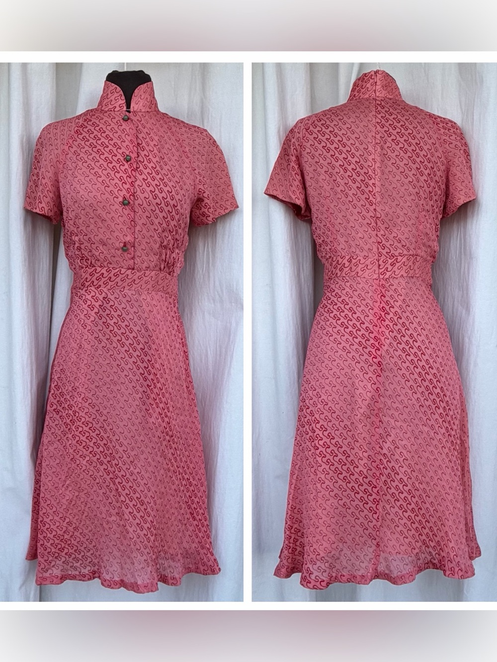 Vintage Shanghai Tang 100% Silk Pink Abstract Pattern Midi Dress, Retro Party